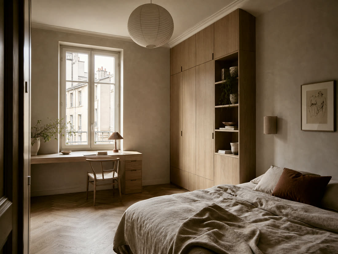 Finished bedroom with built-in oak storage under the beams, Rue Burdeau