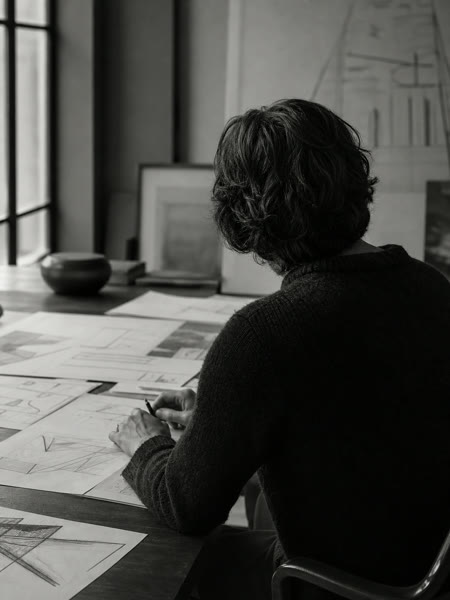 Claire Vasseur from behind at the drawing table, survey sheets spread