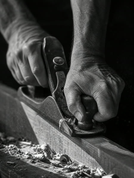 Hands of Theo Lambert easing a timber edge at the bench